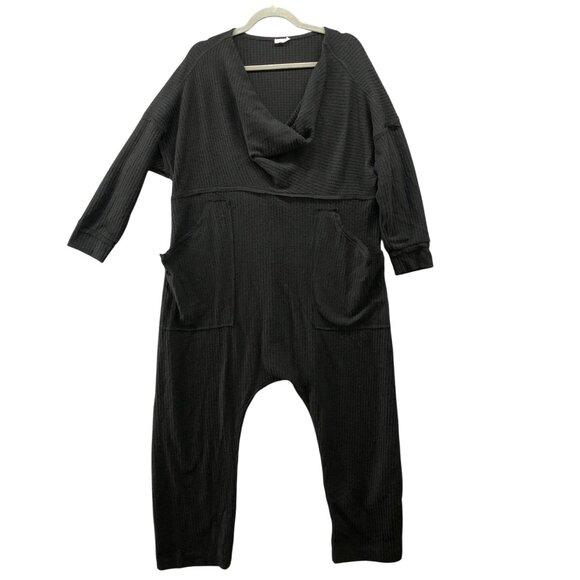 Free People Kickback Jumpsuit Womens S Black Oversized Waffle Knit Long Sleeve - Picture 1 of 9